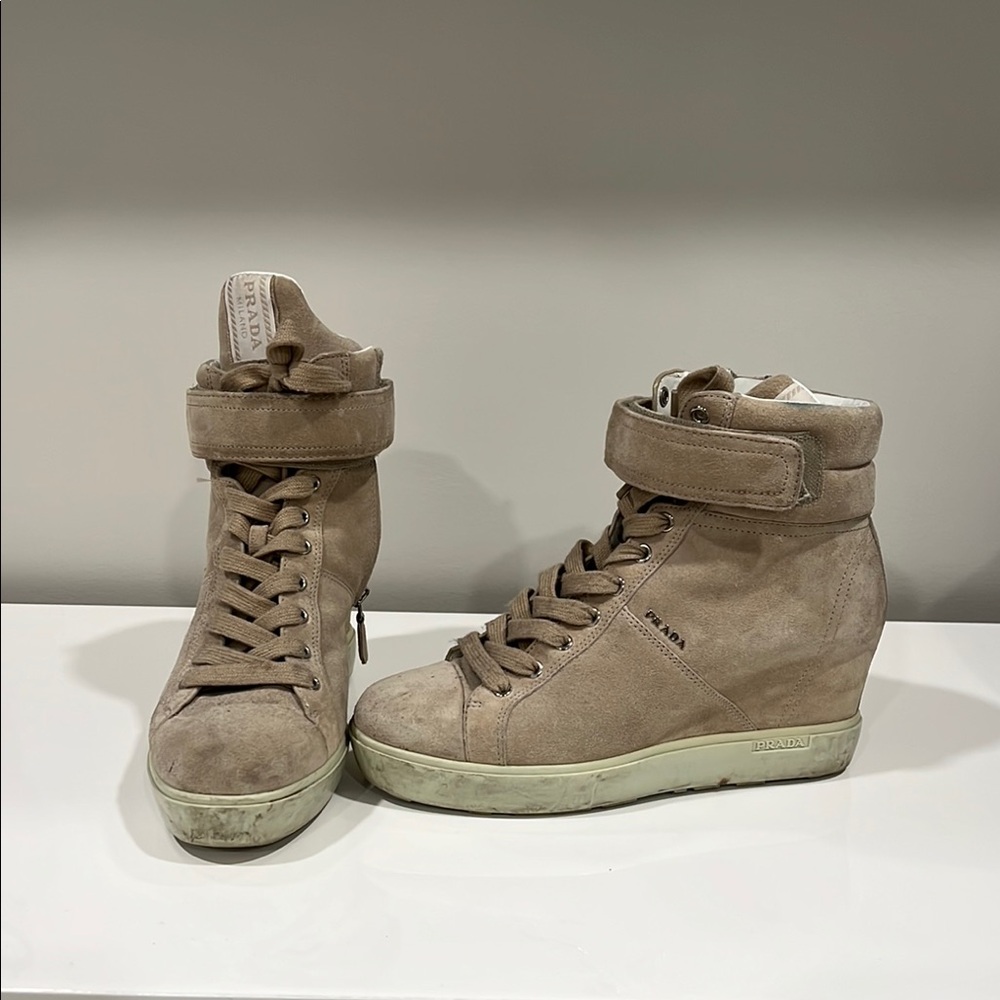 Prada Tan High-Top Sneakers with Concealed Wedge - Picture 4 of 4